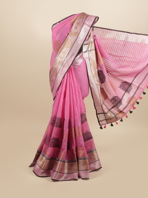 

Pothys Pink & Brown Woven Design Zari Linen Blend Saree