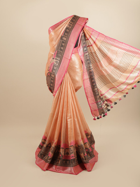 

Pothys Peach-Coloured & Black Linen Blend Saree
