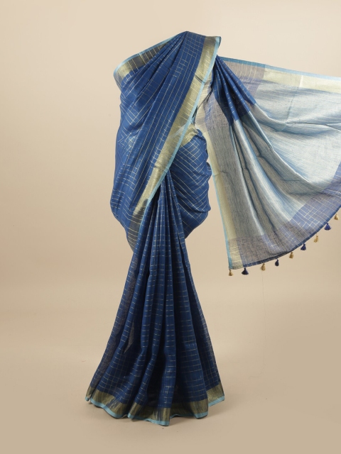 

Pothys Blue & Gold-Toned Checked Zari Linen Blend Saree