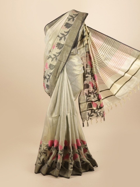 

Pothys Green & Pink Floral Zari Linen Blend Saree