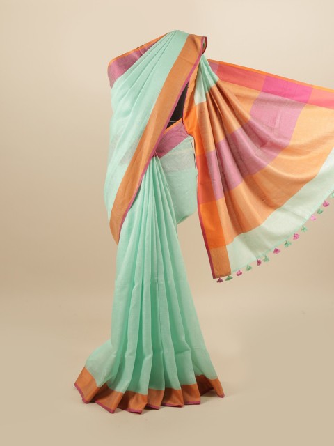 

Pothys Green & Orange Linen Blend Saree