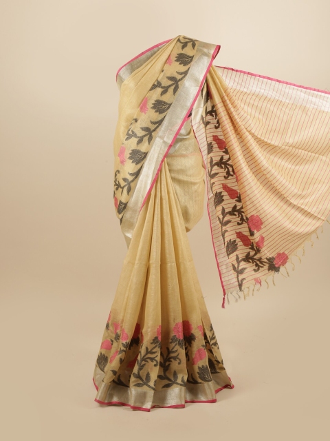 

Pothys Cream-Coloured & Black Floral Linen Blend Saree