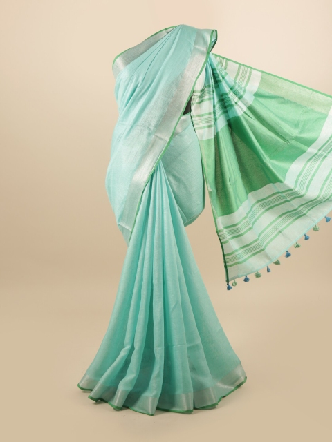 

Pothys Turquoise Blue & Green Zari Linen Blend Saree
