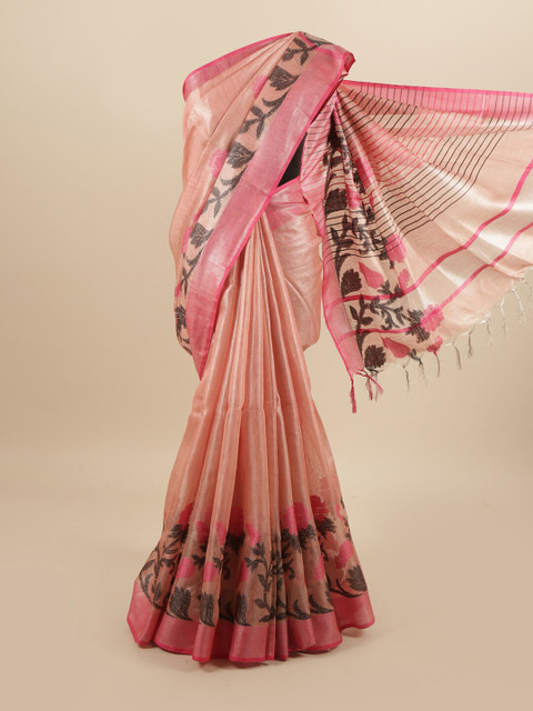 

Pothys Pink & Black Floral Zari Linen Blend Saree
