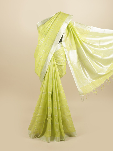 

Pothys Green & Silver-Toned Checked Linen Blend Saree