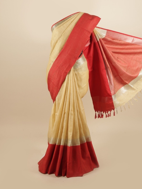 

Pothys Cream-Coloured & Red Zari Linen Blend Saree