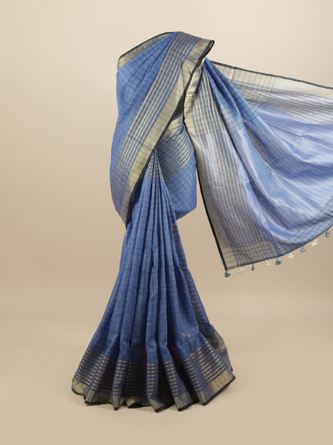 

Pothys Blue & Gold-Toned Checked Zari Linen Blend Saree