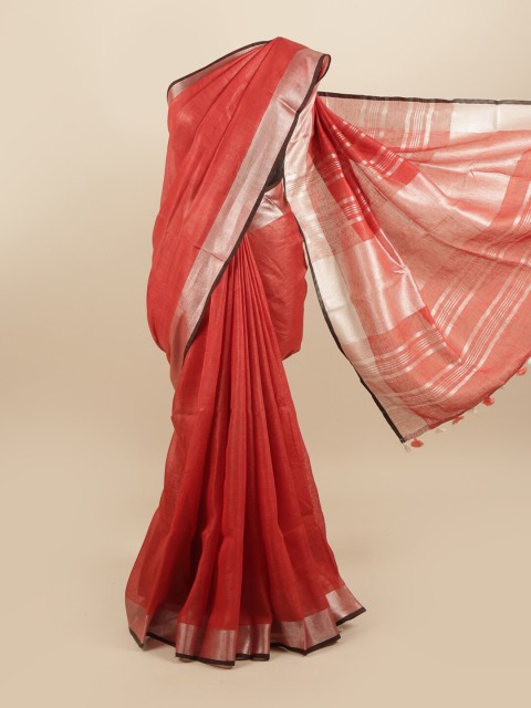 

Pothys Red & Silver-Toned Zari Linen Blend Saree
