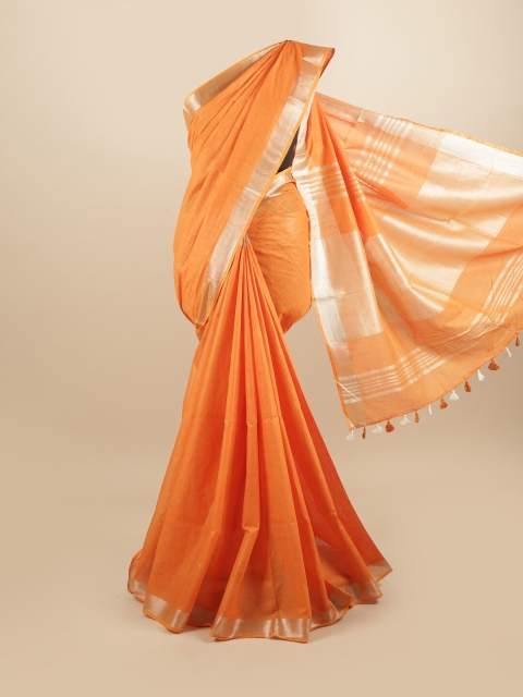 

Pothys Orange & Silver-Toned Zari Linen Blend Saree