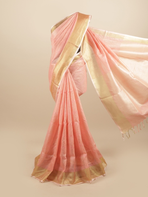 

Pothys Pink & Gold-Toned Zari Linen Blend Saree