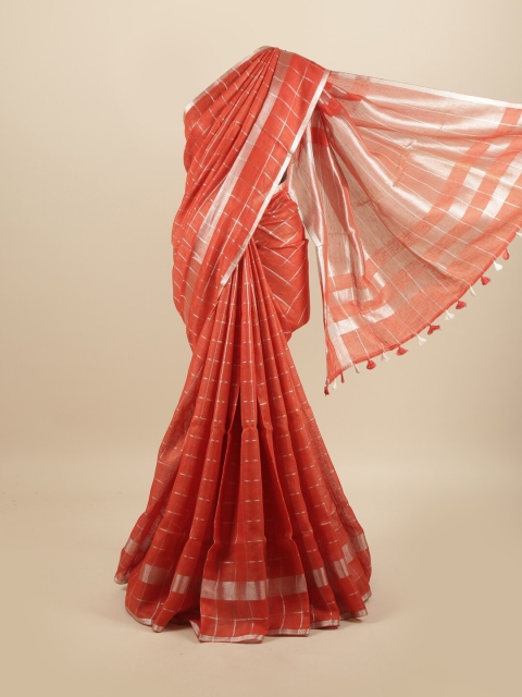 

Pothys Red & Silver-Toned Checked Linen Blend Saree