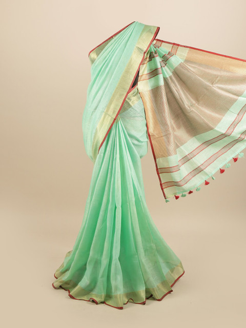 

Pothys Green & Maroon Zari Linen Blend Saree
