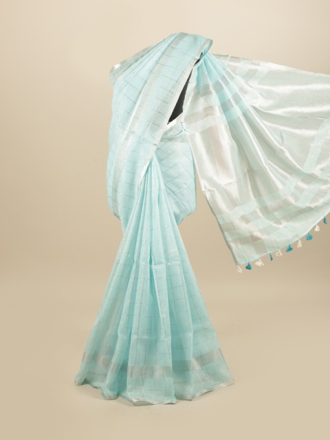 

Pothys Blue & Silver-Toned Checked Zari Linen Blend Saree