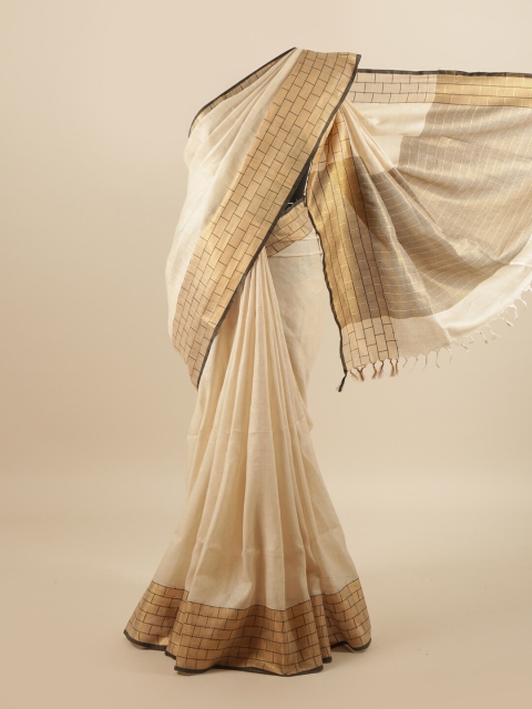 

Pothys Cream-Coloured & Gold-Toned Zari Linen Blend Saree