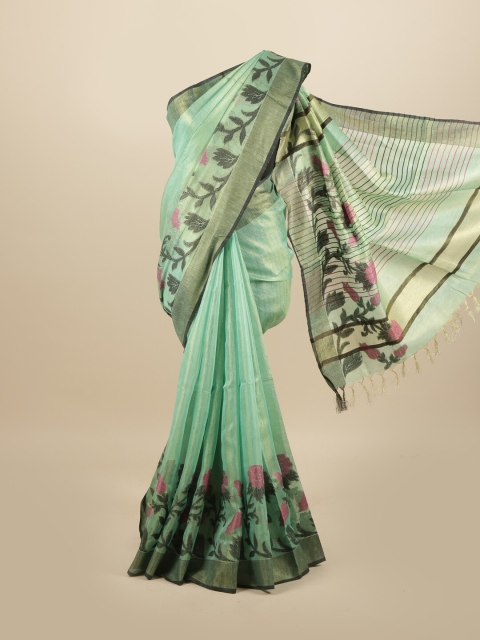 

Pothys Green & Black Floral Zari Linen Blend Saree