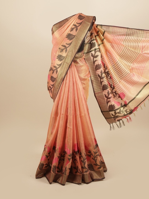 

Pothys Peach-Coloured & Black Woven Design Zari Linen Blend Saree
