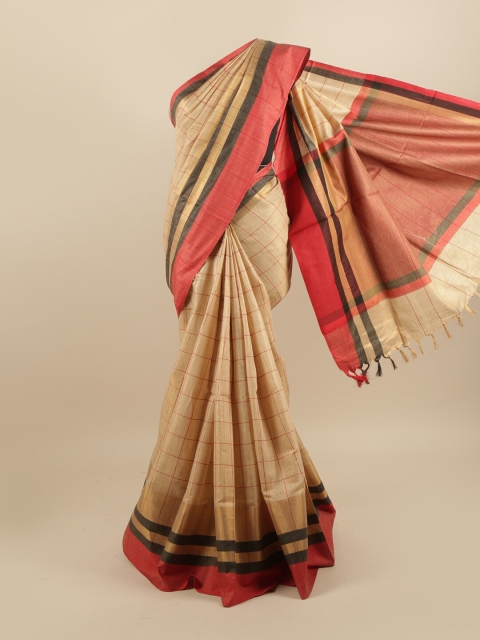 

Pothys Cream-Coloured & Red Checked Linen Blend Saree