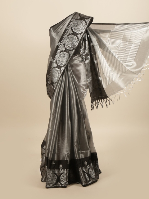 

Pothys Black & Silver-Toned Striped Zari Linen Blend Saree