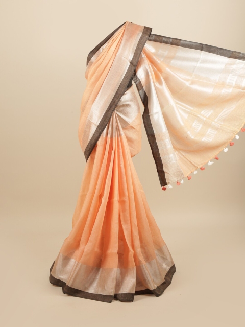 

Pothys Peach-Coloured & Silver-Toned Zari Linen Blend Saree