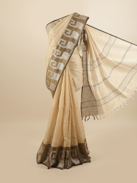 

Pothys Cream-Coloured & Tan Linen Blend Saree
