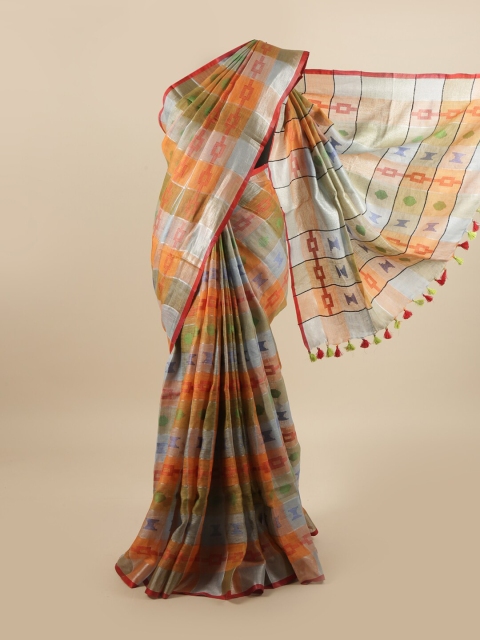 

Pothys Orange & Green Checked Zari Linen Blend Saree