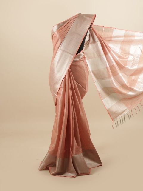 

Pothys Peach-Coloured & Silver-Toned Linen Blend Saree