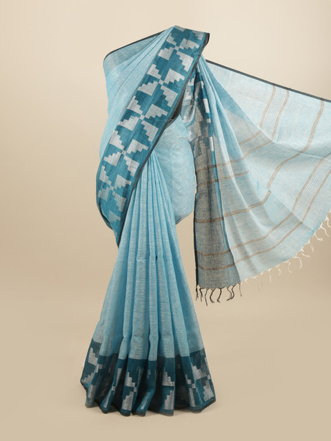 

Pothys Blue & Silver-Toned Linen Blend Saree