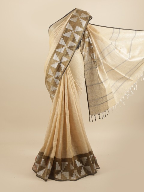 

Pothys Cream-Coloured & Tan Linen Blend Saree