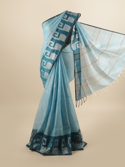 

Pothys Turquoise Blue & Silver-Toned Woven Design Zari Linen Blend Saree