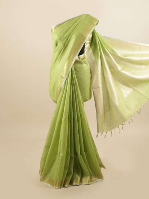 

Pothys Green & Gold-Toned Colourblocked Zari Linen Blend Saree