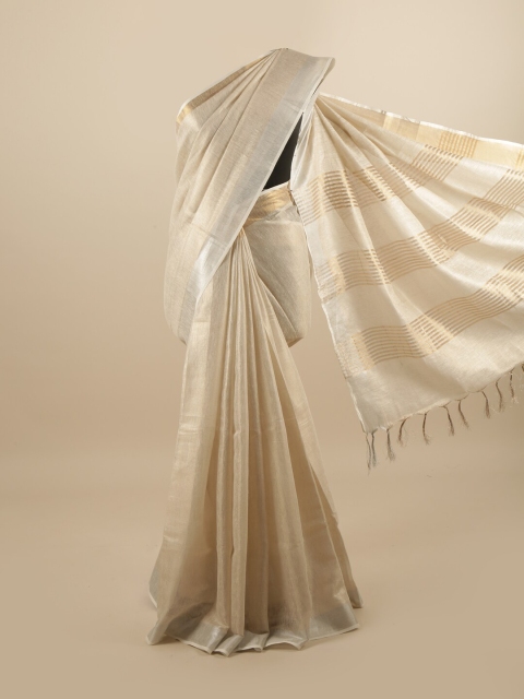 

Pothys Cream-Coloured & Gold-Toned Zari Linen Blend Saree