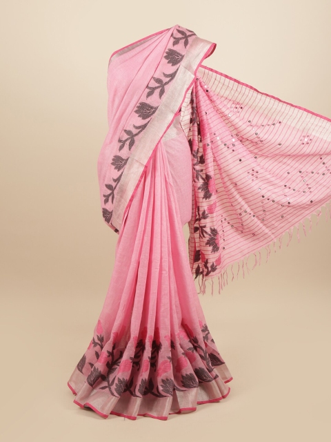 

Pothys Pink & Black Woven Design Zari Linen Blend Saree