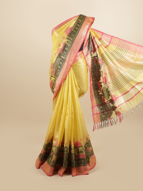 

Pothys Yellow & Pink Ethnic Motifs Linen Blend Saree