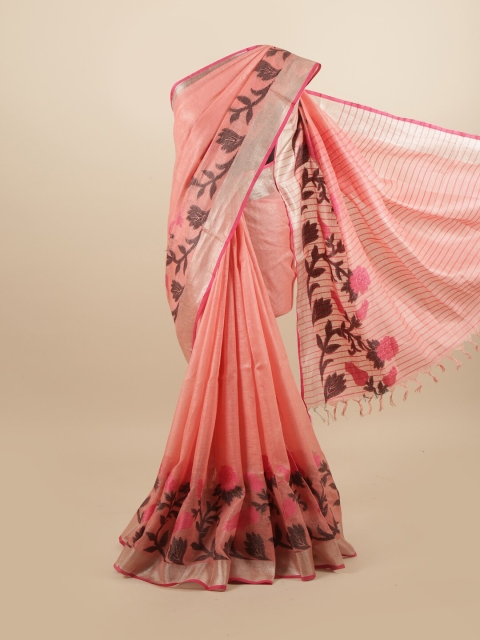 

Pothys Pink & Black Floral Linen Blend Saree