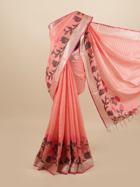 

Pothys Pink & Black Floral Linen Blend Saree
