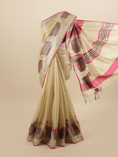 

Pothys Cream-Coloured & Pink Ethnic Motifs Linen Blend Saree