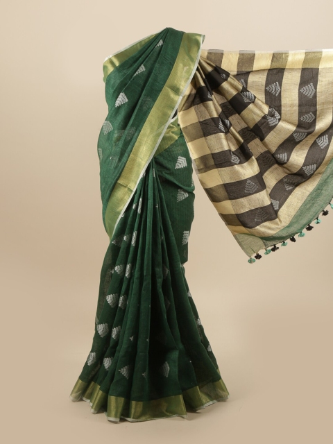 

Pothys Green & Grey Ethnic Motifs Zari Linen Blend Saree