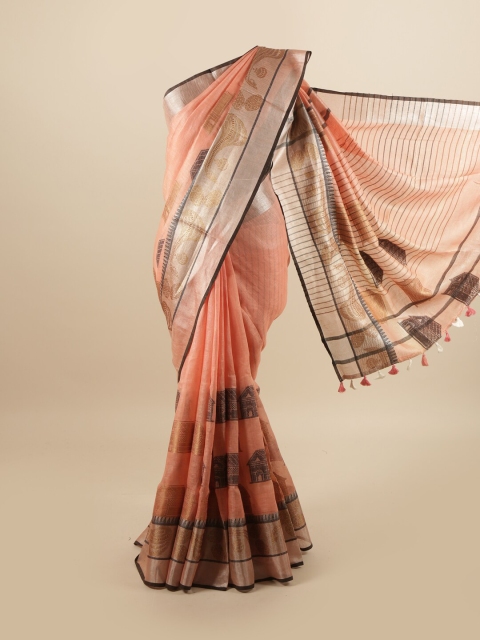 

Pothys Peach-Coloured & Silver-Toned Ethnic Motifs Linen Blend Saree