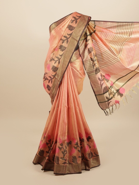 

Pothys Peach-Coloured & Gold-Toned Floral Linen Blend Saree