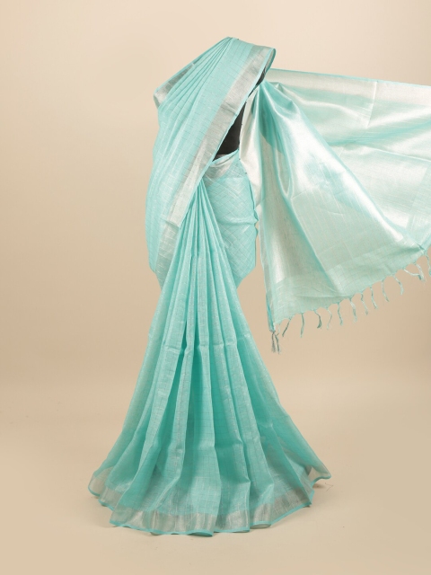

Pothys Blue & Silver-Toned Checked Linen Blend Saree