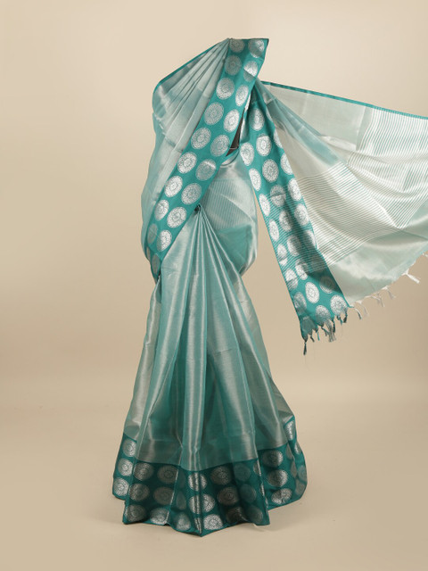 

Pothys Green & Silver-Toned Zari Linen Blend Saree