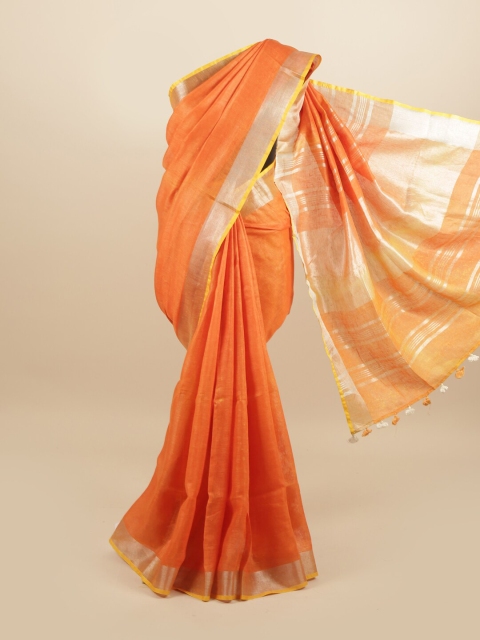 

Pothys Orange & Silver-Toned Linen Blend Saree
