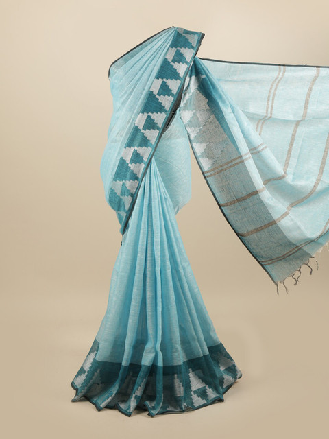 

Pothys Blue & Silver-Toned Linen Blend Saree