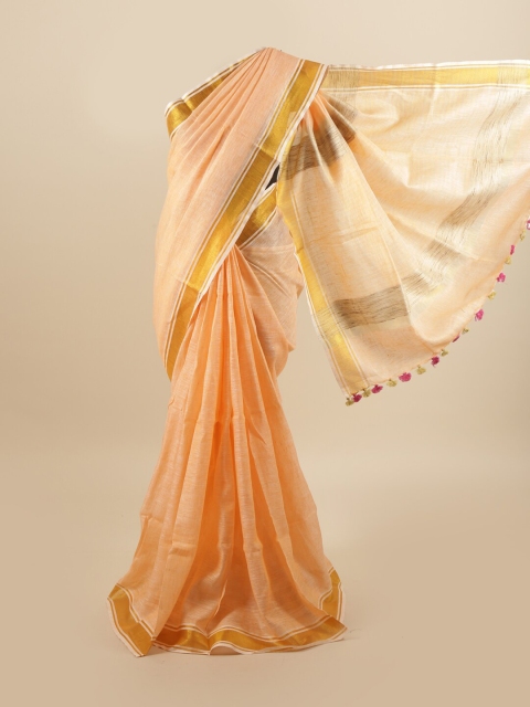 

Pothys Peach-Coloured & Gold-Toned Linen Blend Saree