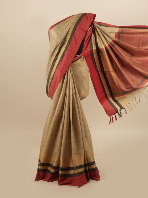 

Pothys Tan & Red Checked Linen Blend Saree