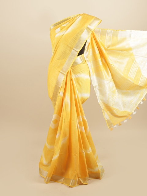 

Pothys Yellow & White Tie and Dye Linen Blend Saree
