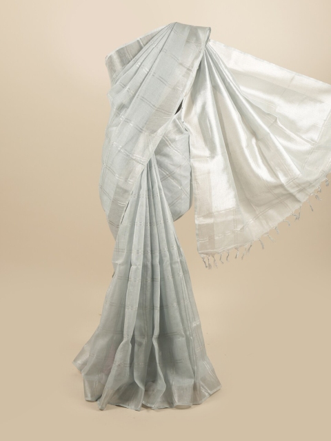 

Pothys Grey & Silver-Toned Checked Linen Blend Saree