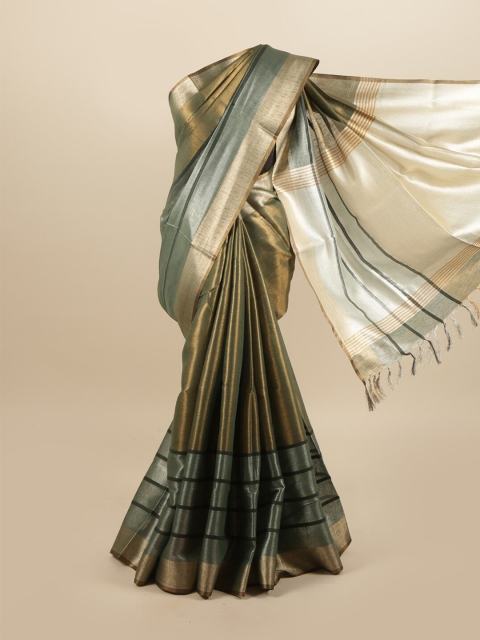 

Pothys Olive Green & Silver-Toned Colourblocked Linen Blend Saree
