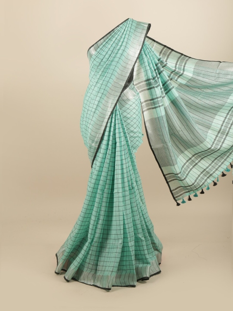 

Pothys Sea Green & Black Checked Linen Blend Saree