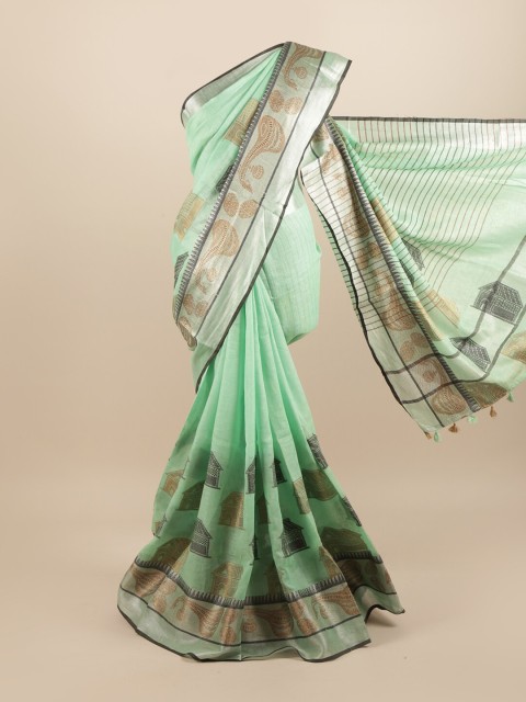 

Pothys Sea Green & Gold-Toned Ethnic Motifs Linen Blend Saree